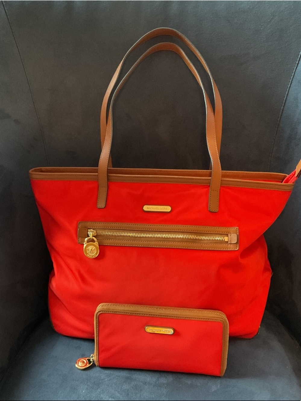 Michael Kors Red and Tan Tote with Matching Wallet
